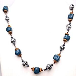 Teal Glazed Tera Cotta Cube Beads Wood Silver Disc Tone Beaded Necklace Boho